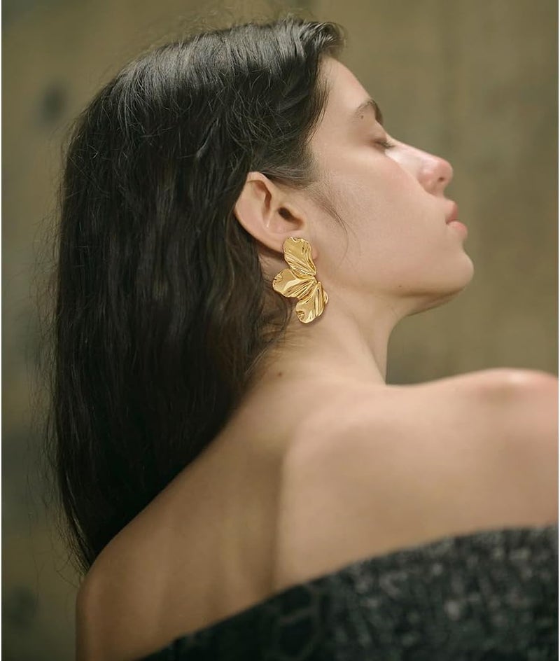 FAUTHENTICUTE Chunky Gold Statement Earrings For Women Gold Plated Sectored Flower Leaf Shell Angel Wing Earrings Large Stud Earrings Hypoallergenic Earrings - Image 4